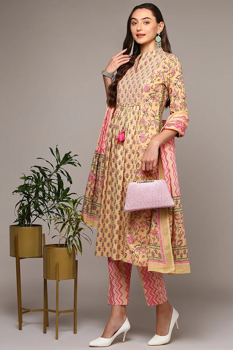 Cream Pure Cotton Printed Flared Suit Set