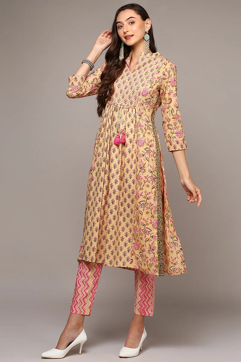 Cream Pure Cotton Printed Flared Suit Set