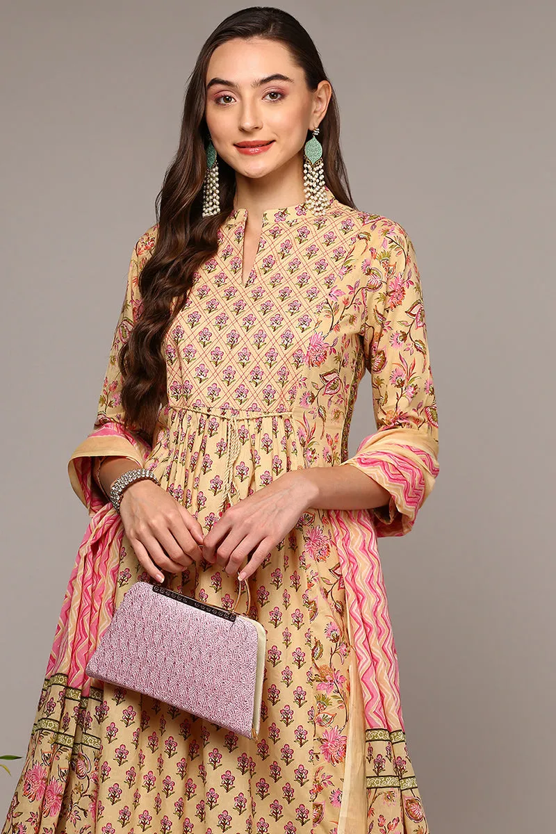 Cream Pure Cotton Printed Flared Suit Set