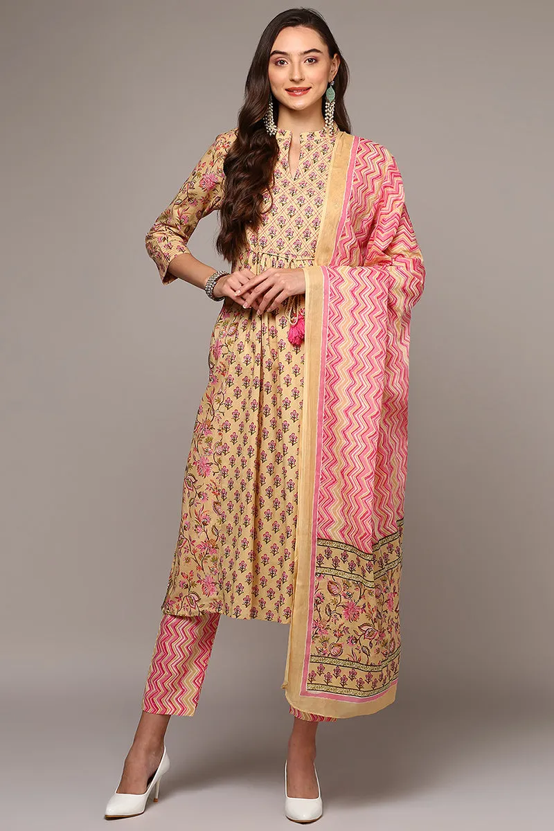 Cream Pure Cotton Printed Flared Suit Set