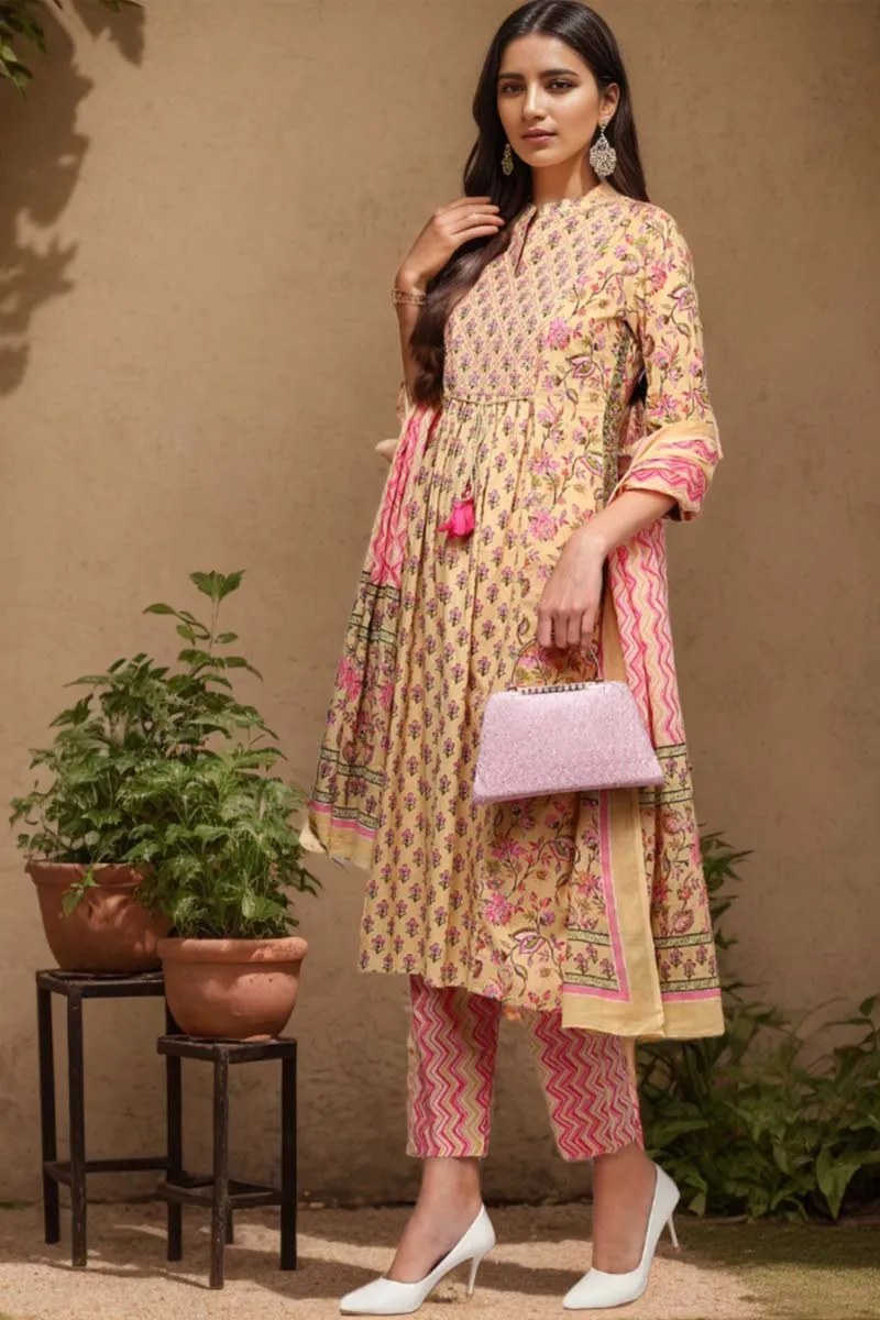 Cream Pure Cotton Printed Flared Suit Set