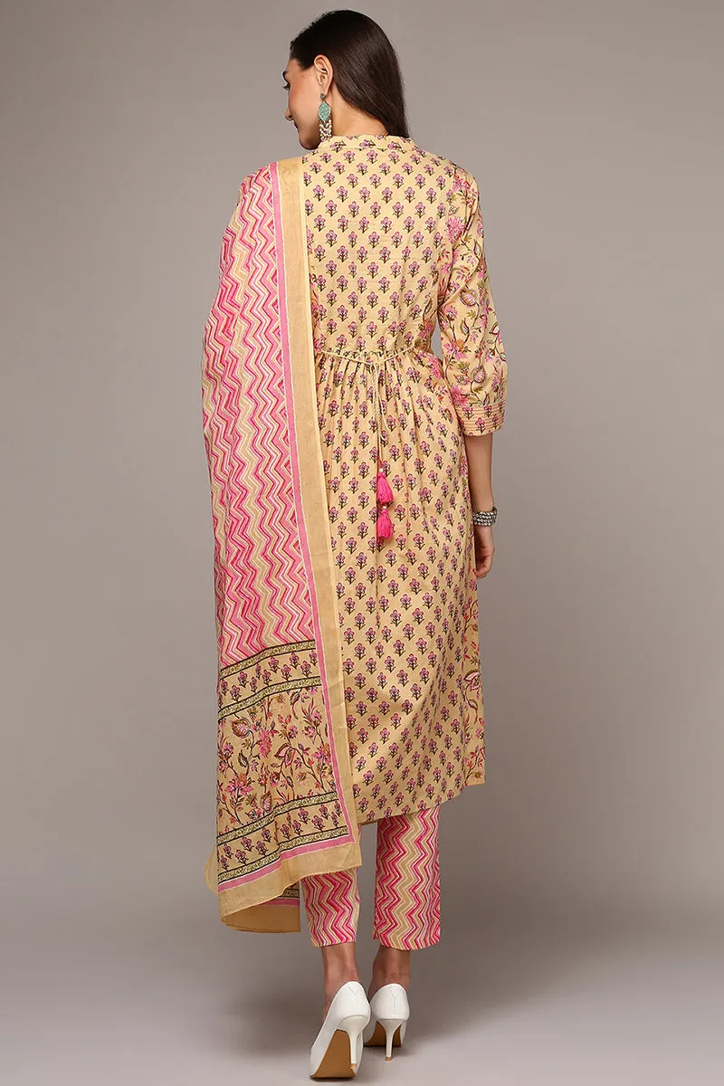 Cream Pure Cotton Printed Flared Suit Set