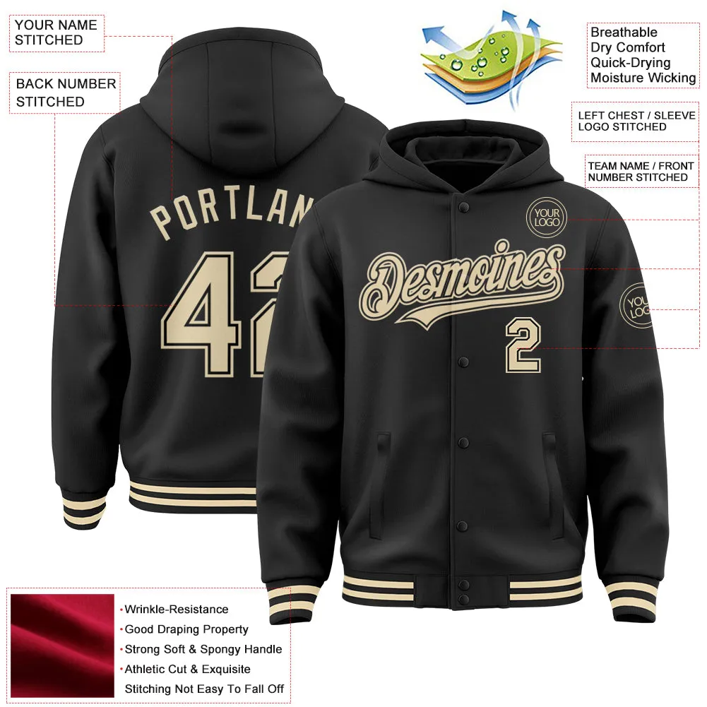 Custom Black Cream Bomber Full-Snap Varsity Letterman Hoodie Jacket