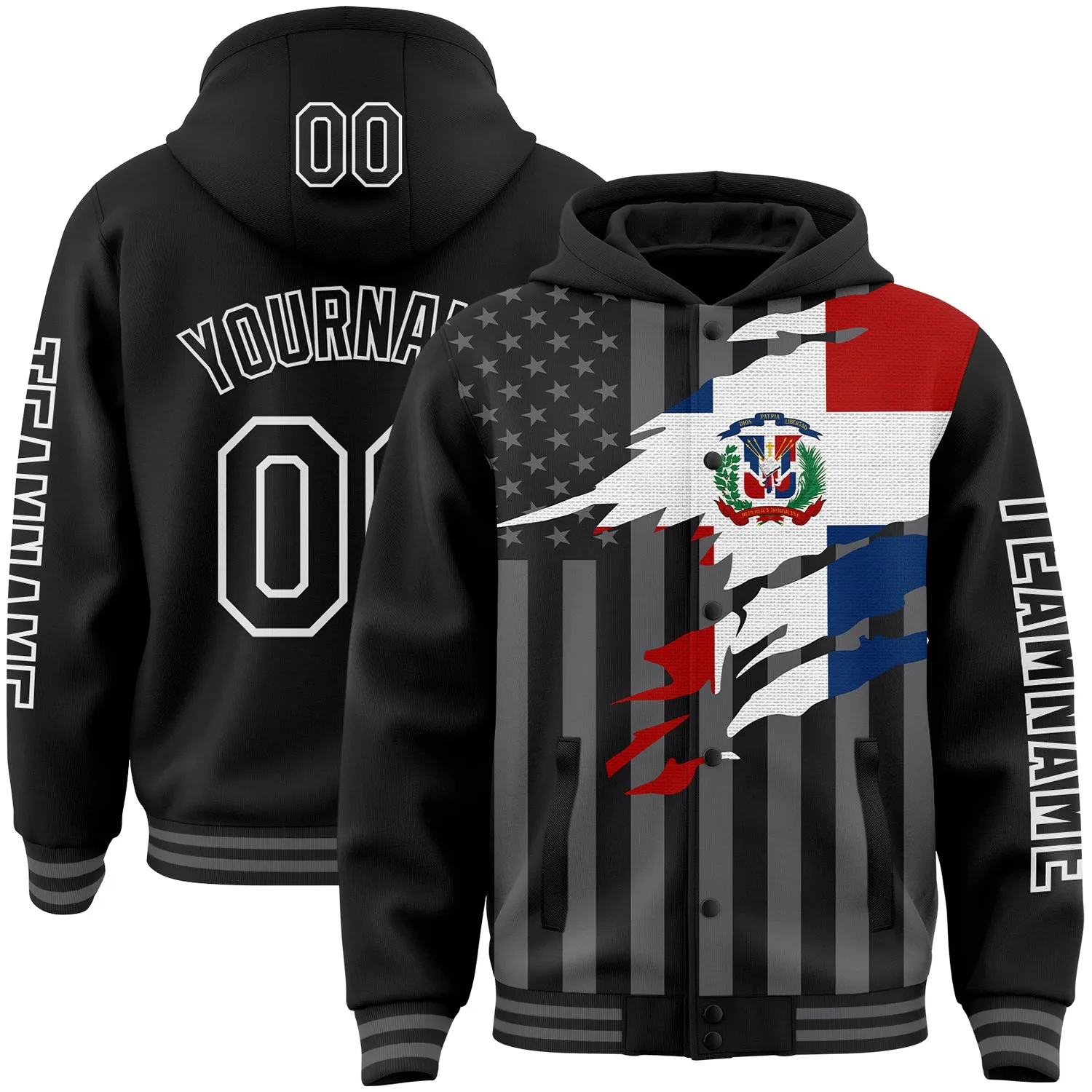 Custom Black Gray-White Dominican Republic Flag 3D Bomber Full-Snap Varsity Letterman Hoodie Jacket