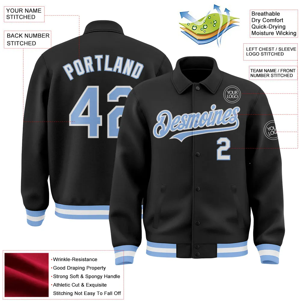 Custom Black Light Blue-White Bomber Full-Snap Varsity Letterman Lapel Collar Byron Jacket