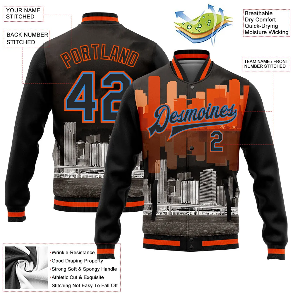 Custom Black Powder Blue-Orange Miami Florida City Edition 3D Bomber Full-Snap Varsity Letterman Jacket