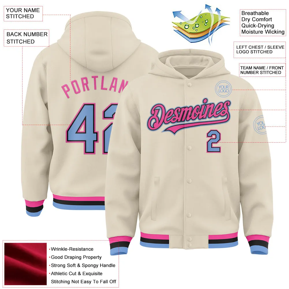 Custom Cream Light Blue Black-Pink Bomber Full-Snap Varsity Letterman Hoodie Jacket