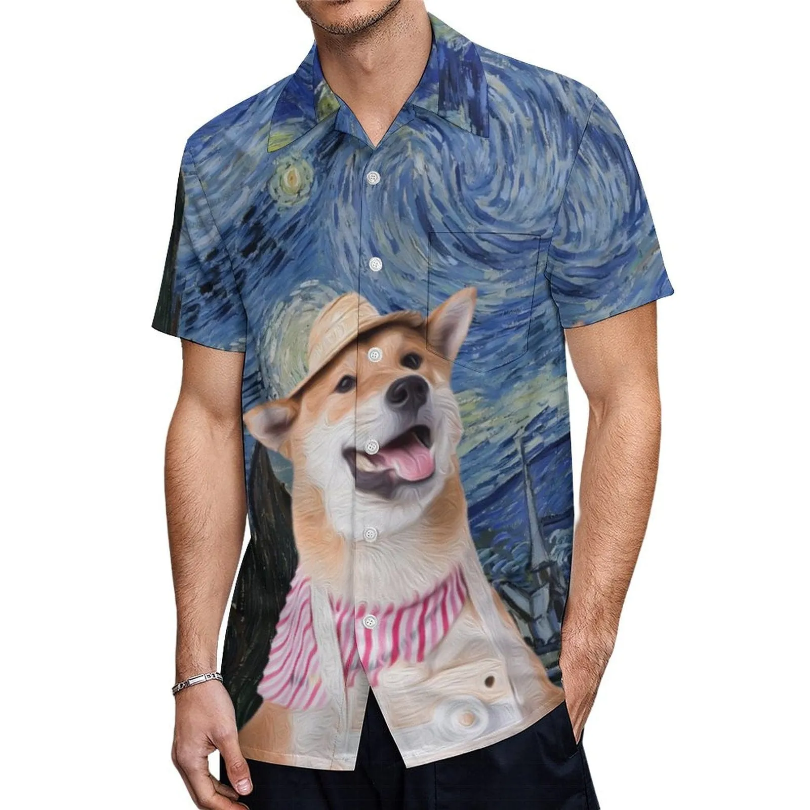 Custom Dog Face Starry Night Shirt Men Front Pocket Beach Shortsleeve Pocket Hawaiian Shirt Boyfriend Gift For Him