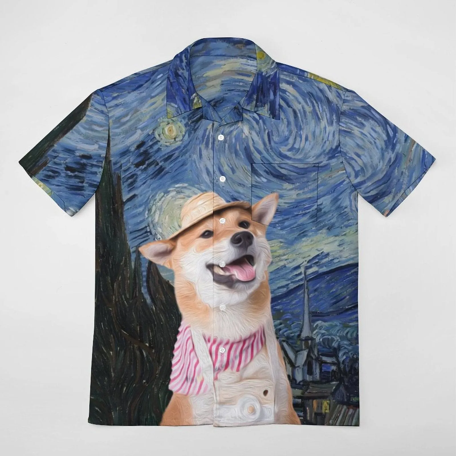 Custom Dog Face Starry Night Shirt Men Front Pocket Beach Shortsleeve Pocket Hawaiian Shirt Boyfriend Gift For Him