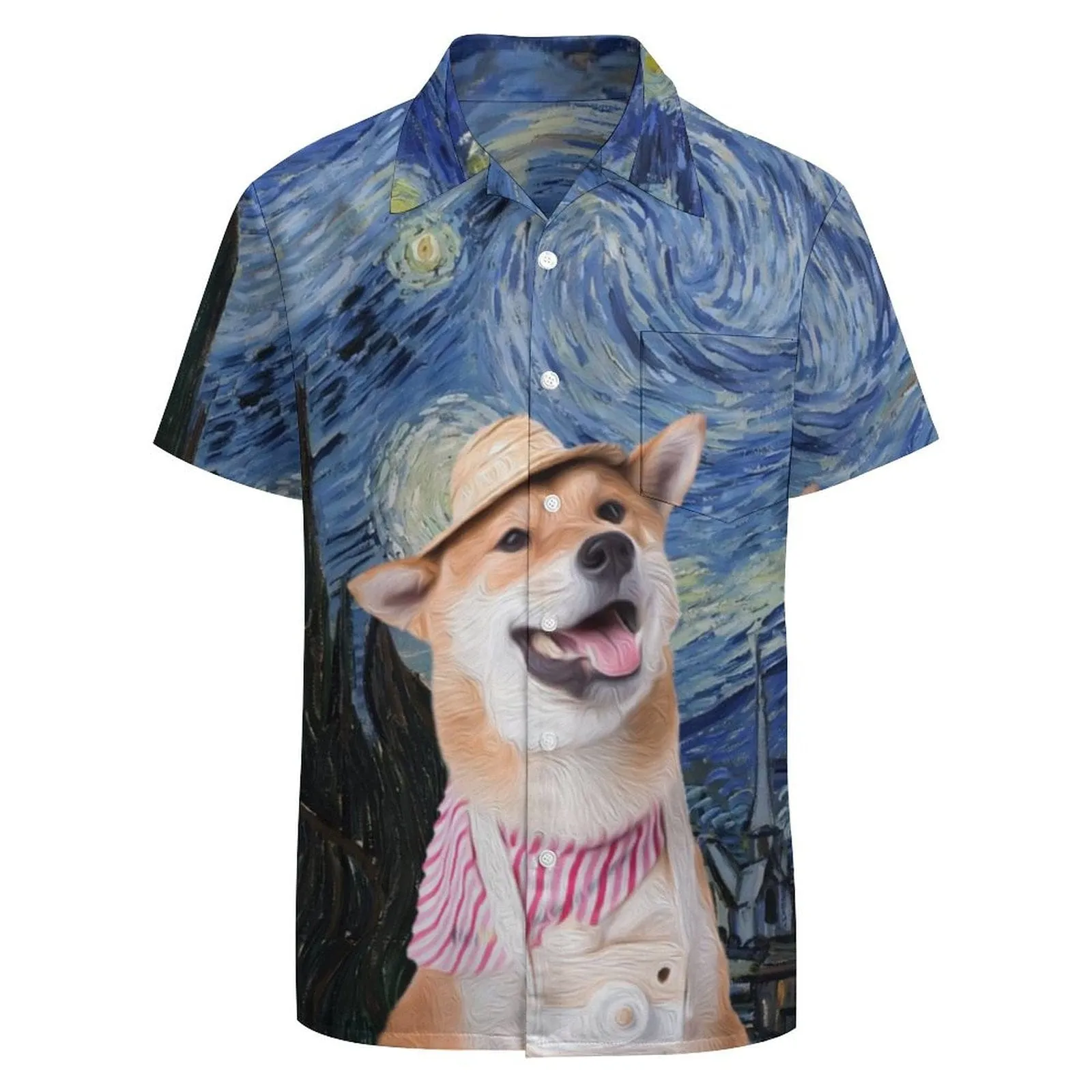 Custom Dog Face Starry Night Shirt Men Front Pocket Beach Shortsleeve Pocket Hawaiian Shirt Boyfriend Gift For Him