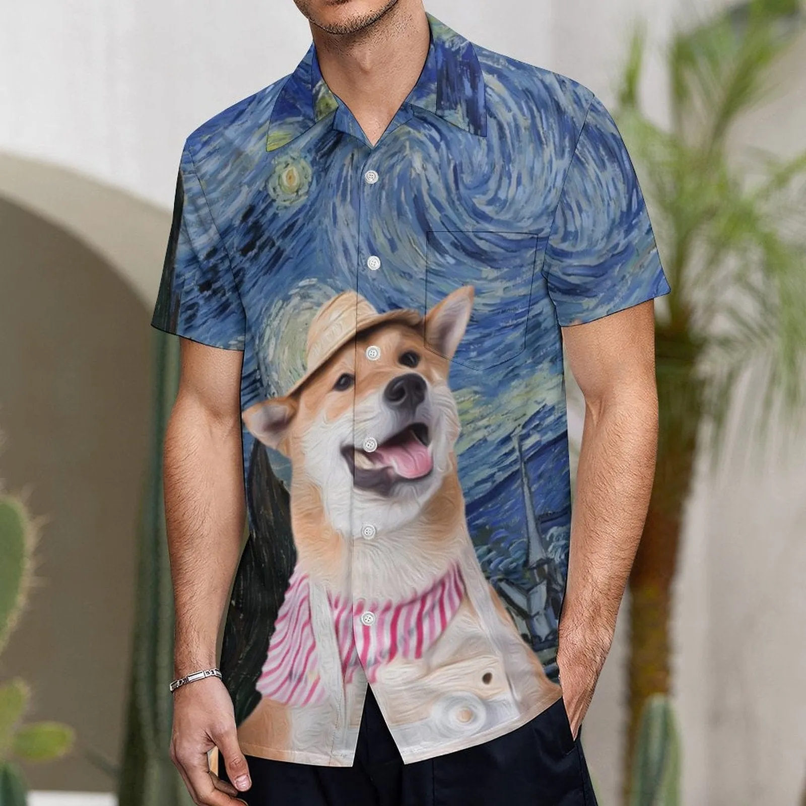 Custom Dog Face Starry Night Shirt Men Front Pocket Beach Shortsleeve Pocket Hawaiian Shirt Boyfriend Gift For Him