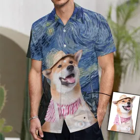 Custom Dog Face Starry Night Shirt Men Front Pocket Beach Shortsleeve Pocket Hawaiian Shirt Boyfriend Gift For Him