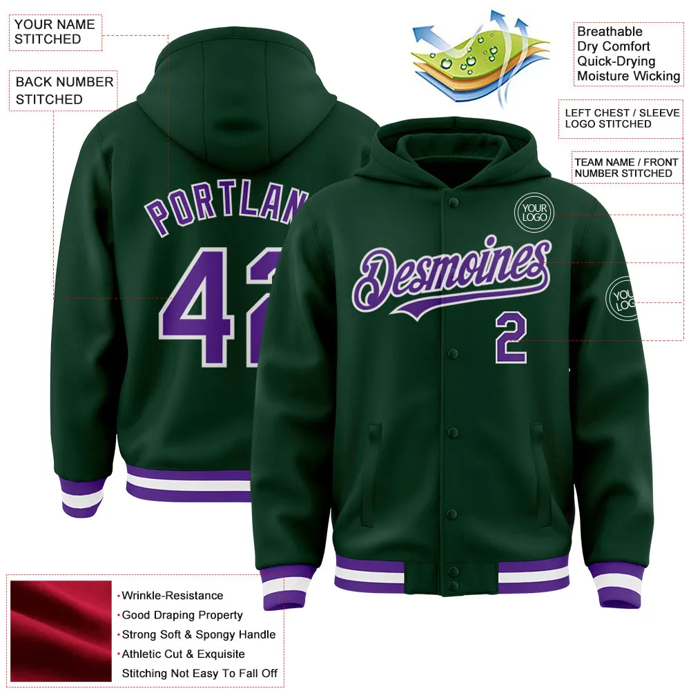 Custom Green Purple-White Bomber Full-Snap Varsity Letterman Hoodie Jacket