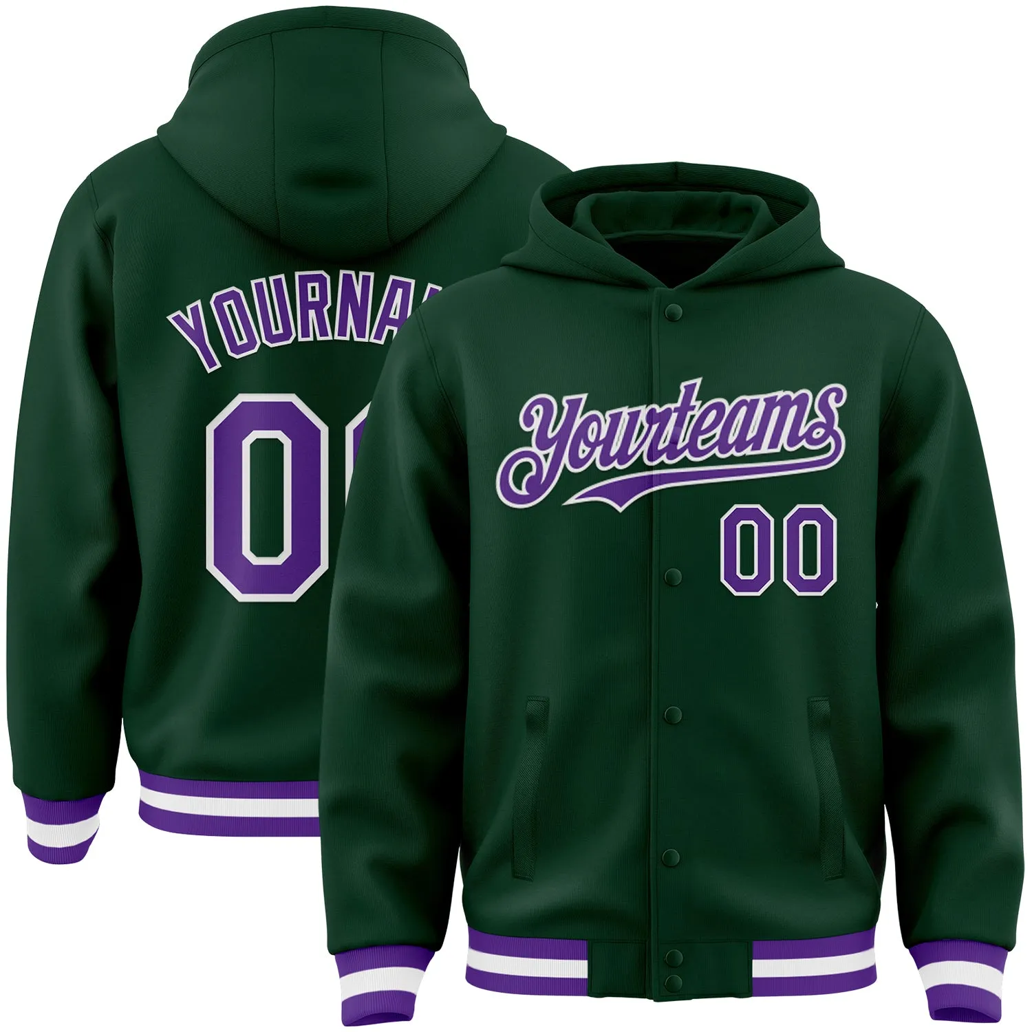 Custom Green Purple-White Bomber Full-Snap Varsity Letterman Hoodie Jacket