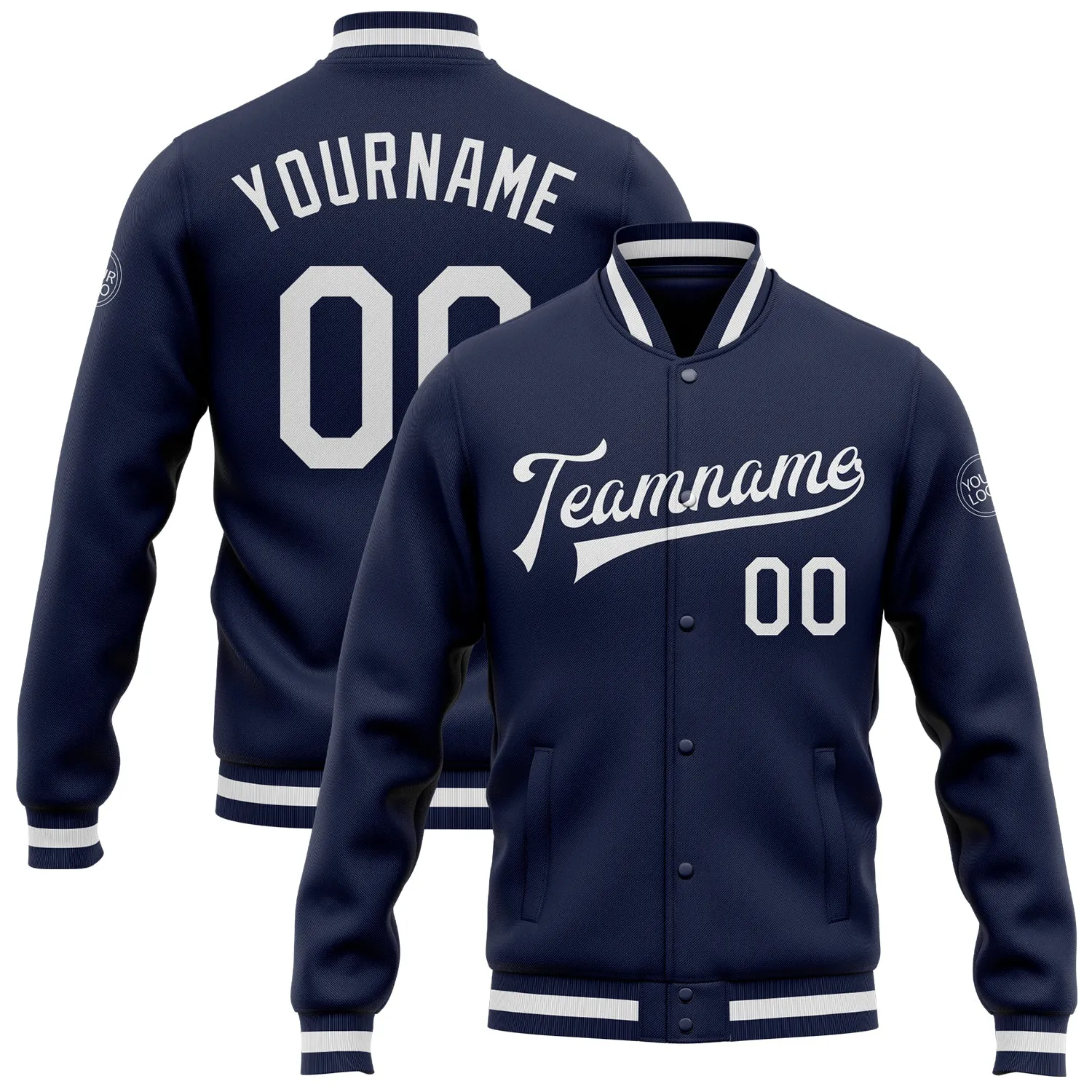 Custom Navy White Bomber Full-Snap Varsity Letterman Jacket