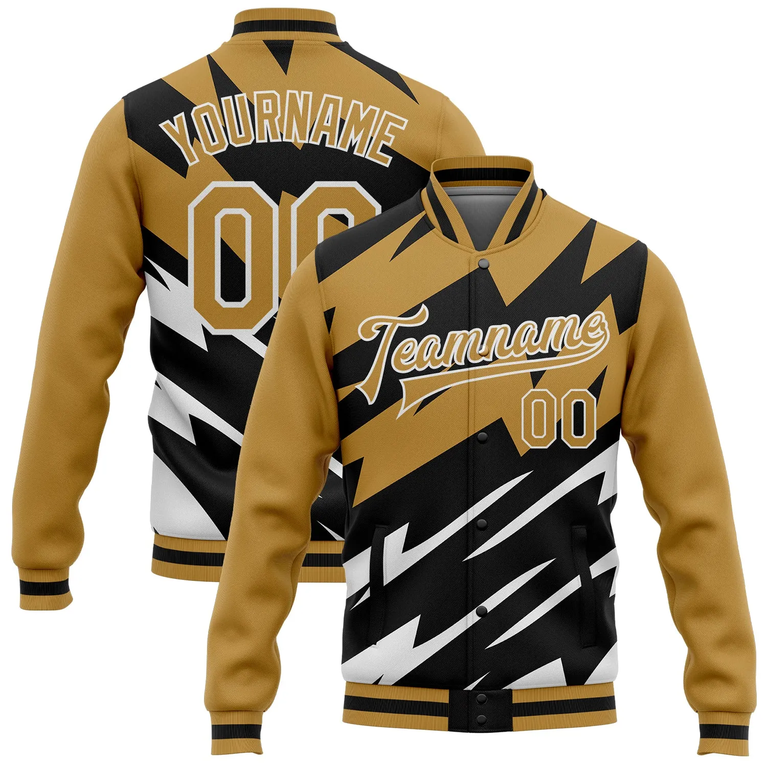 Custom Old Gold Black-White Lightning 3D Pattern Design Bomber Full-Snap Varsity Letterman Jacket