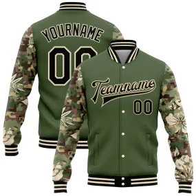 Custom Olive Black-Cream Hawaii Palm Leaves Camo Sleeves 3D Bomber Full-Snap Varsity Letterman Salute To Service Jacket