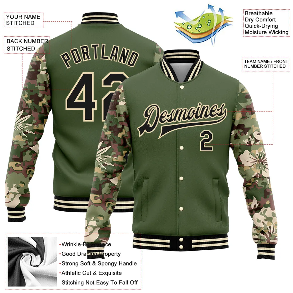 Custom Olive Black-Cream Hawaii Palm Leaves Camo Sleeves 3D Bomber Full-Snap Varsity Letterman Salute To Service Jacket