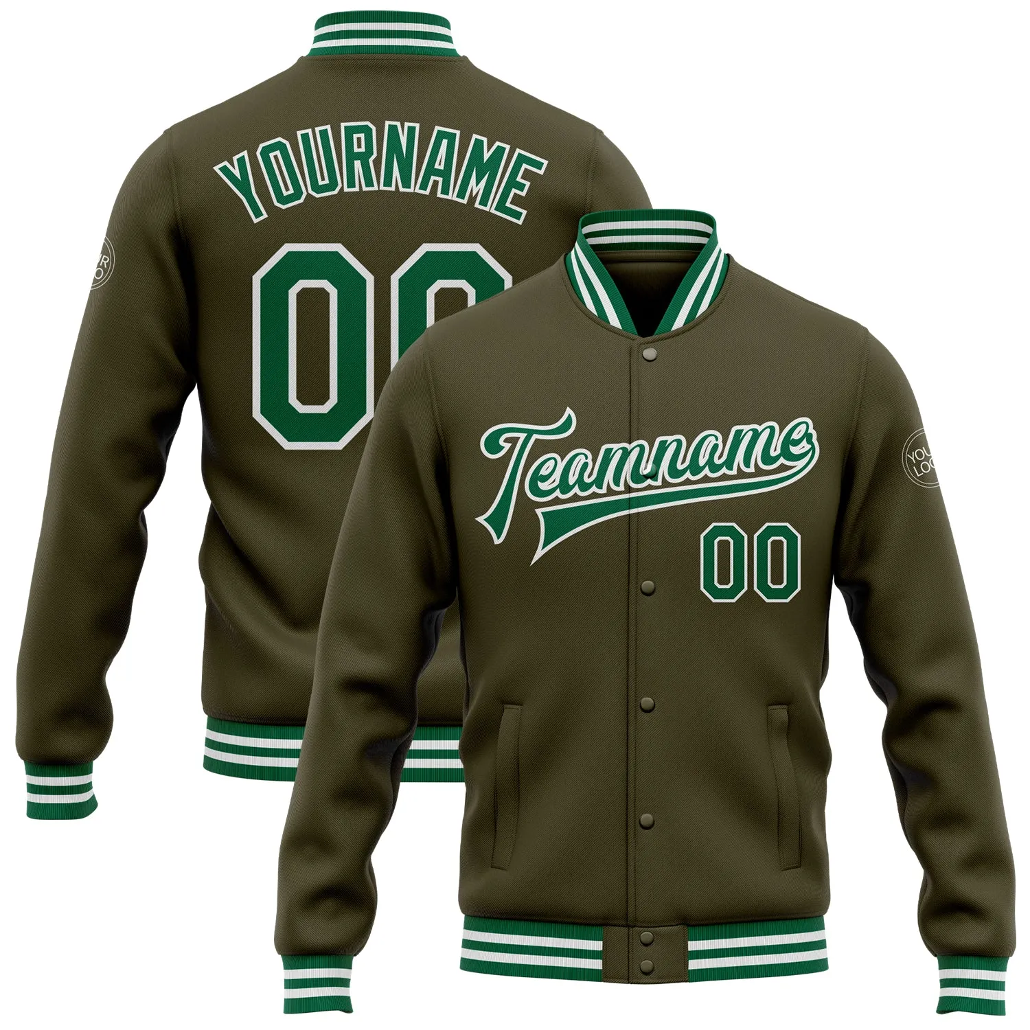 Custom Olive Kelly Green-White Bomber Full-Snap Varsity Letterman Salute To Service Jacket