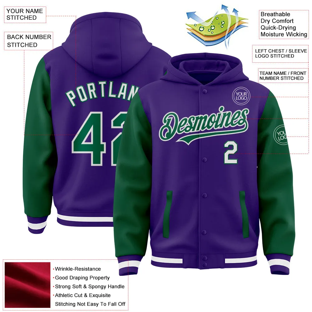 Custom Purple Kelly Green-White Bomber Full-Snap Varsity Letterman Two Tone Hoodie Jacket