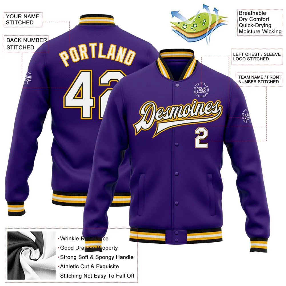 Custom Purple White Black-Gold Bomber Full-Snap Varsity Letterman Jacket