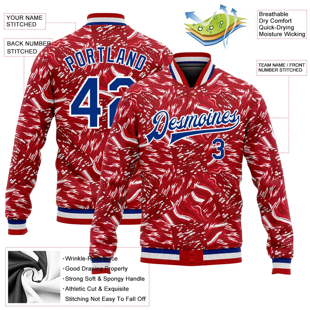 Custom Red Royal-White 3D Pattern Design Bomber Full-Snap Varsity Letterman Jacket