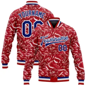 Custom Red Royal-White 3D Pattern Design Bomber Full-Snap Varsity Letterman Jacket