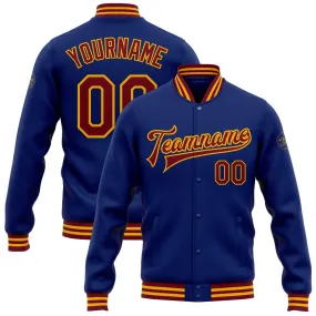 Custom Royal Crimson-Gold Bomber Full-Snap Varsity Letterman Jacket