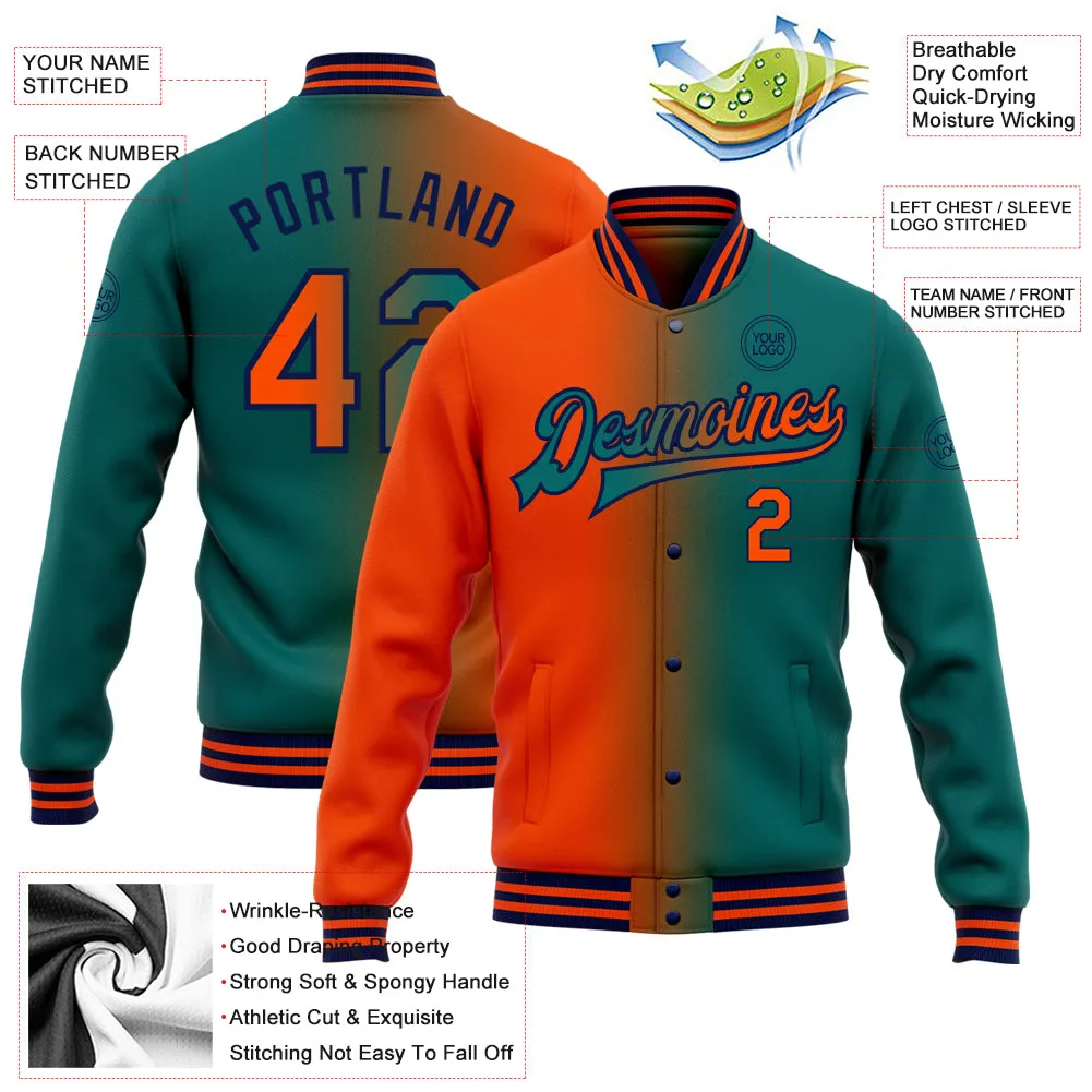 Custom Teal Orange-Navy Bomber Full-Snap Varsity Letterman Gradient Fashion Jacket