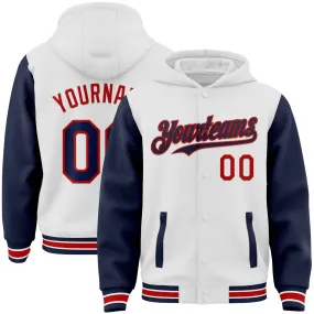 Custom White Navy-Red Bomber Full-Snap Varsity Letterman Two Tone Hoodie Jacket