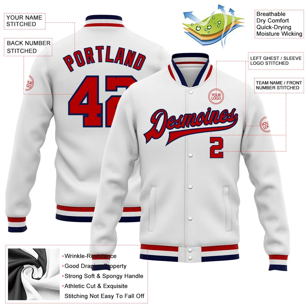 Custom White Red-Navy Bomber Full-Snap Varsity Letterman Jacket