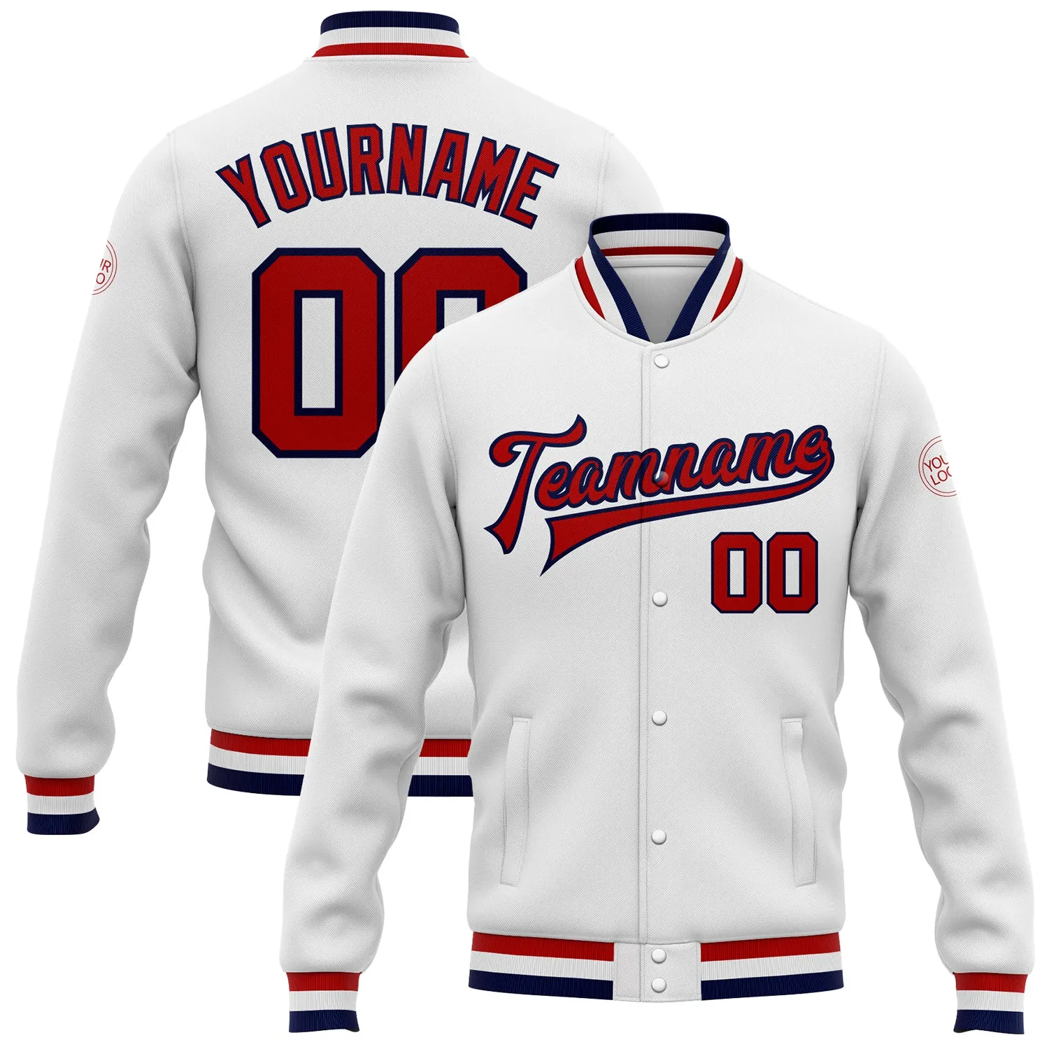 Custom White Red-Navy Bomber Full-Snap Varsity Letterman Jacket