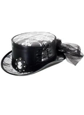 Deluxe Gothic Black and White Top Hat with Lace and Cameo