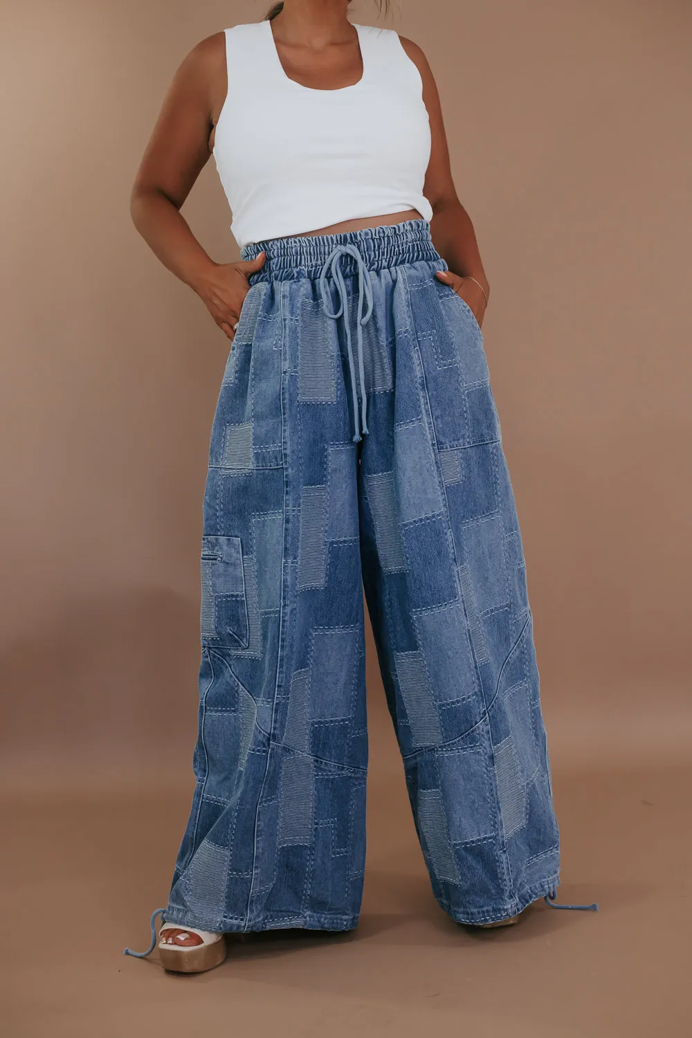 Demi Denim Checkered Patchwork Jogger Pant