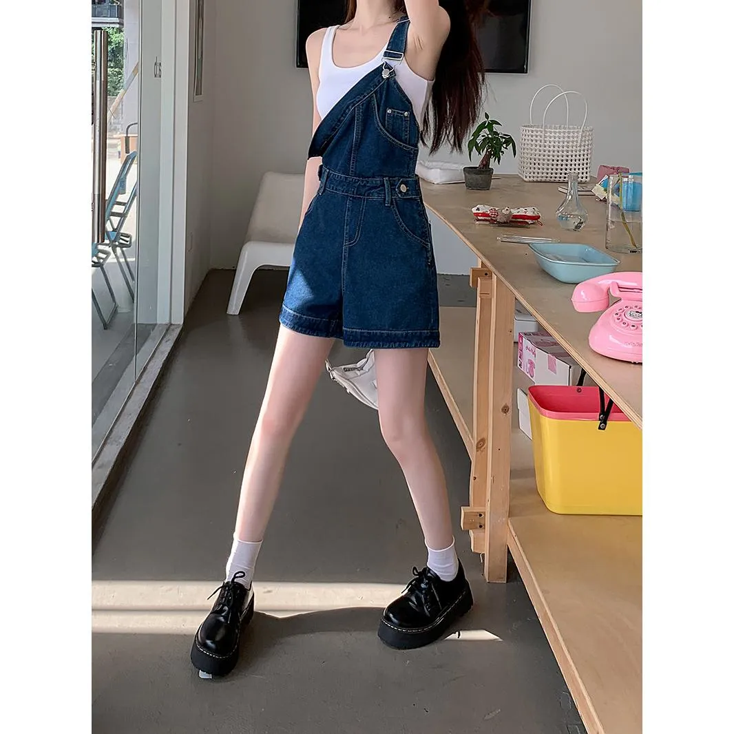 Denim One-Shoulder Strap Shorts