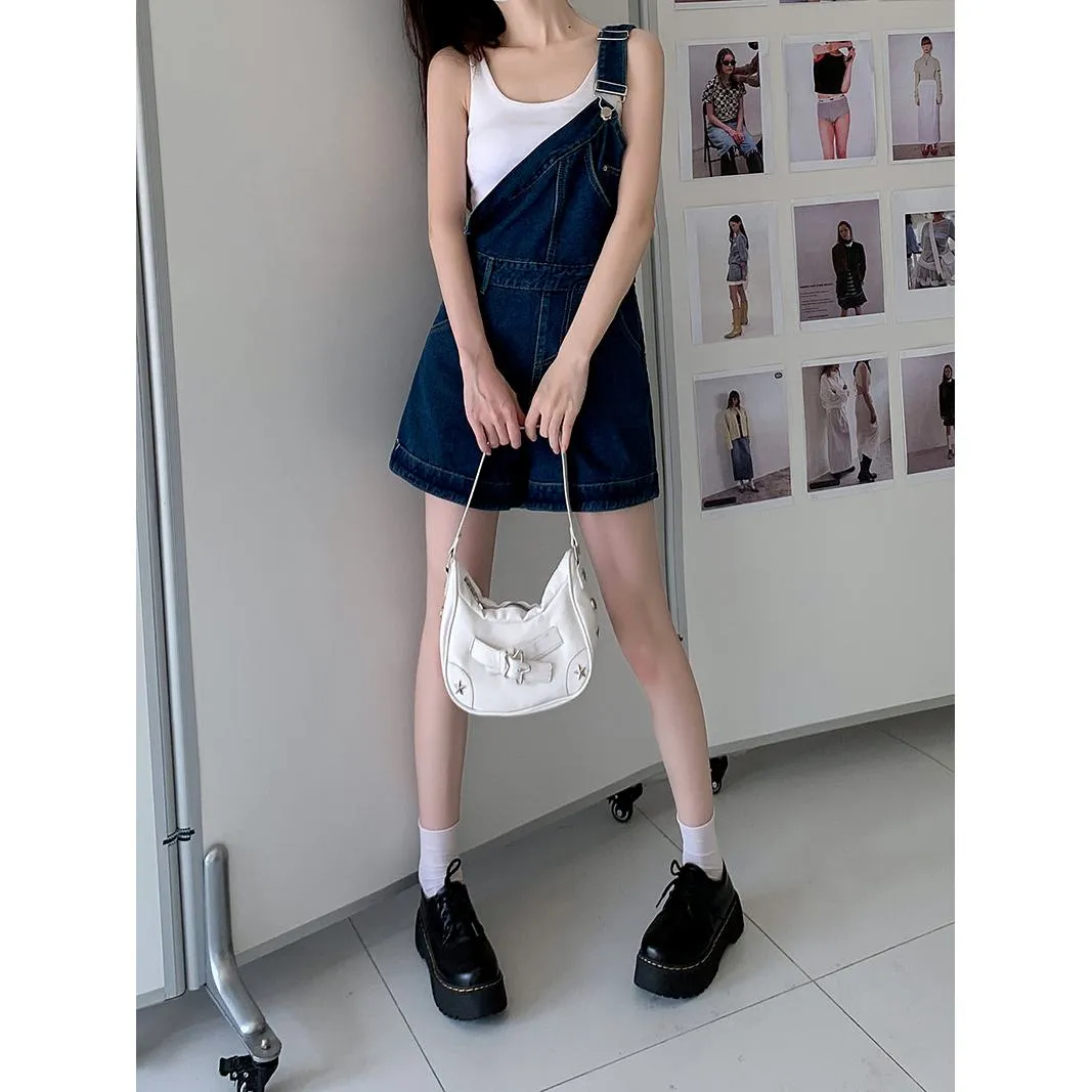 Denim One-Shoulder Strap Shorts