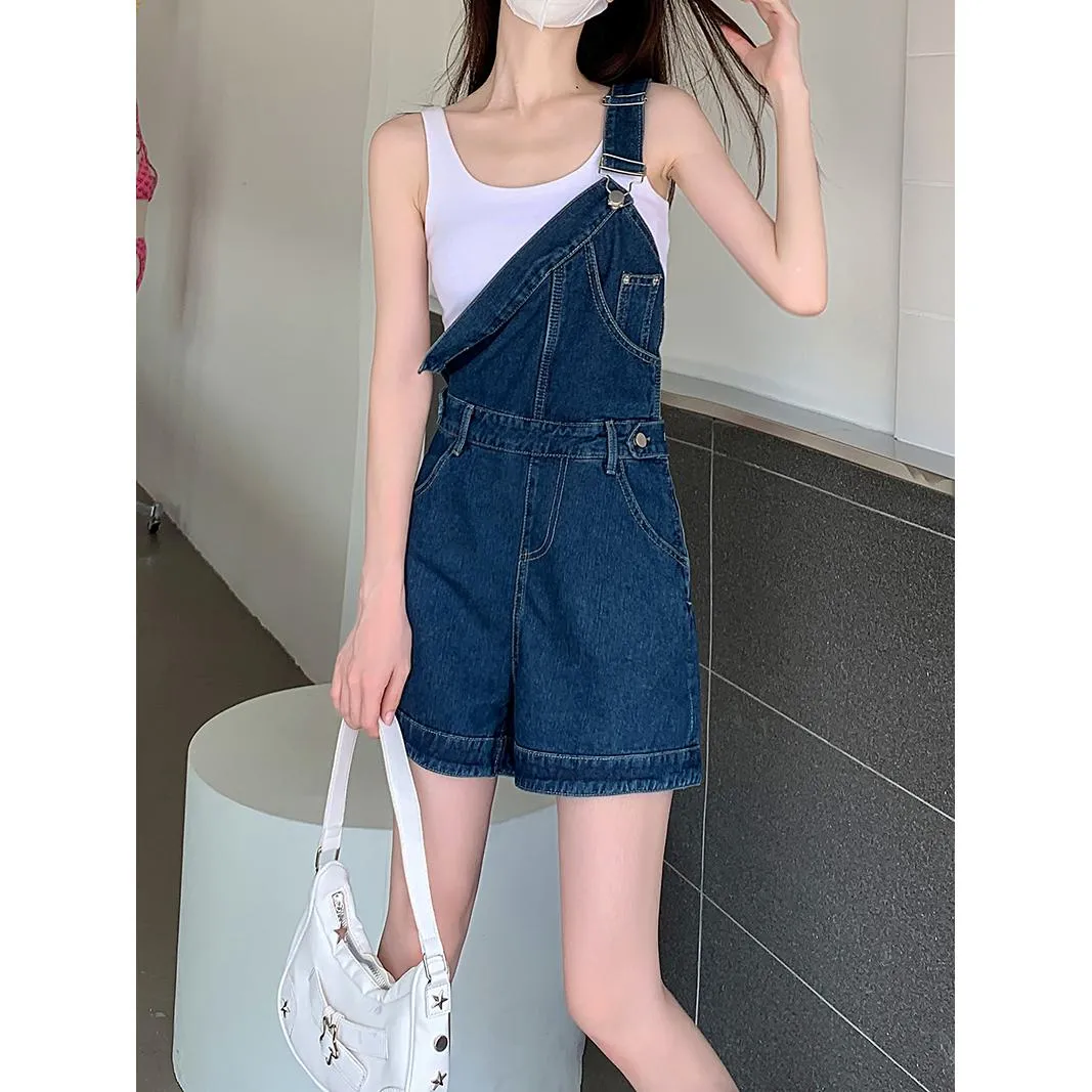 Denim One-Shoulder Strap Shorts