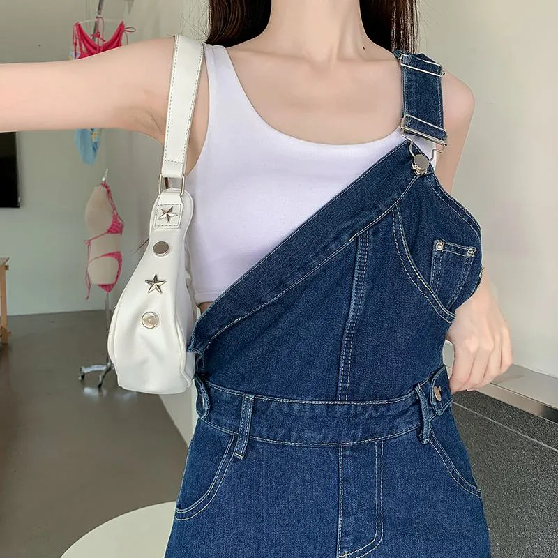 Denim One-Shoulder Strap Shorts