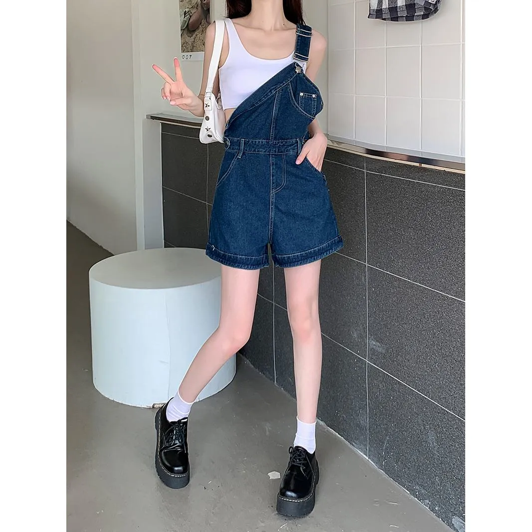 Denim One-Shoulder Strap Shorts