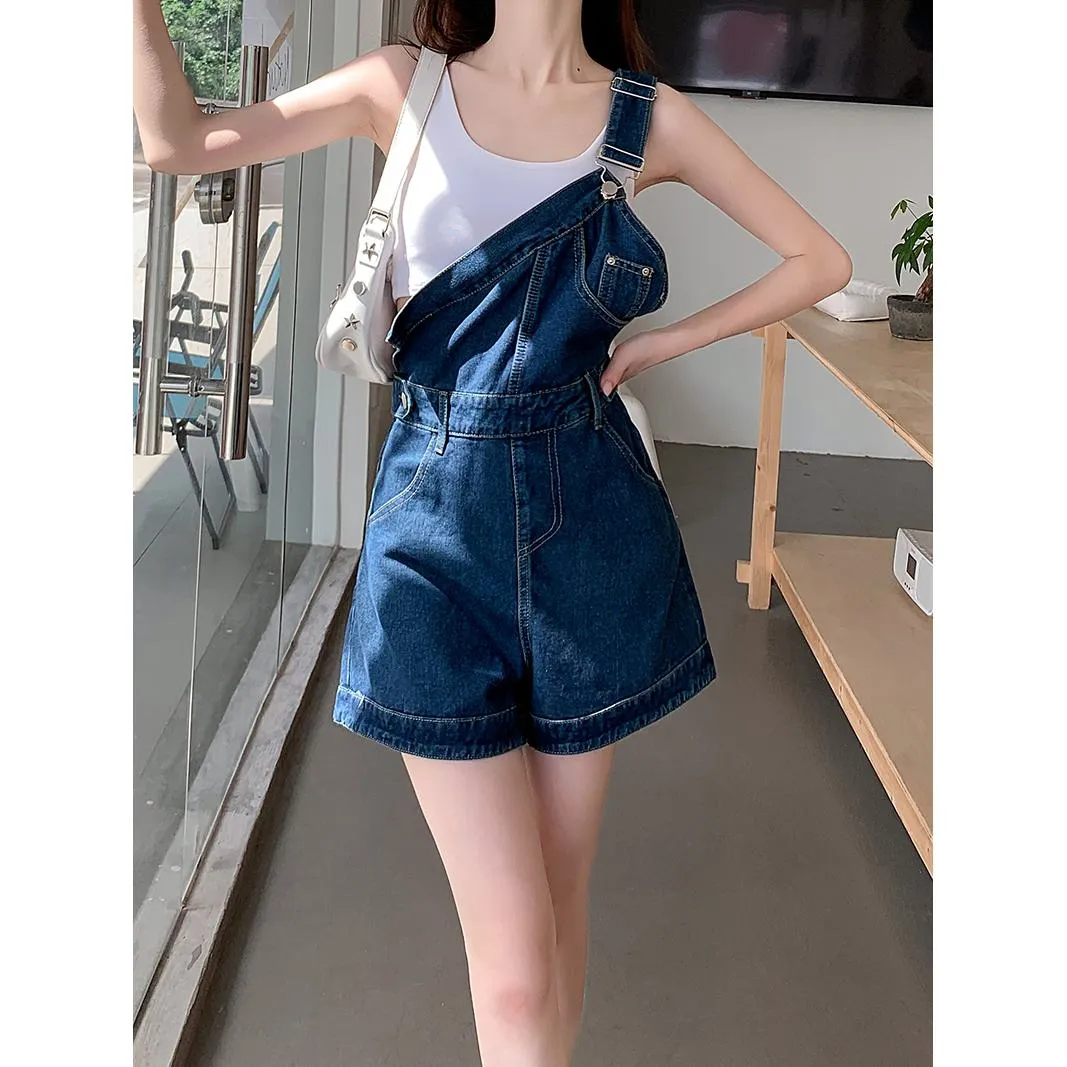 Denim One-Shoulder Strap Shorts