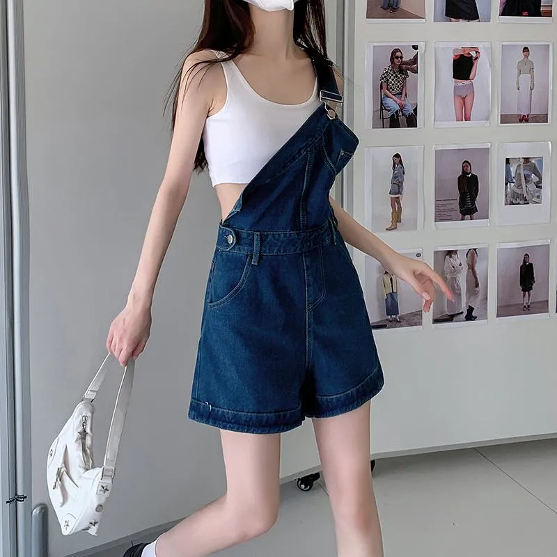 Denim One-Shoulder Strap Shorts