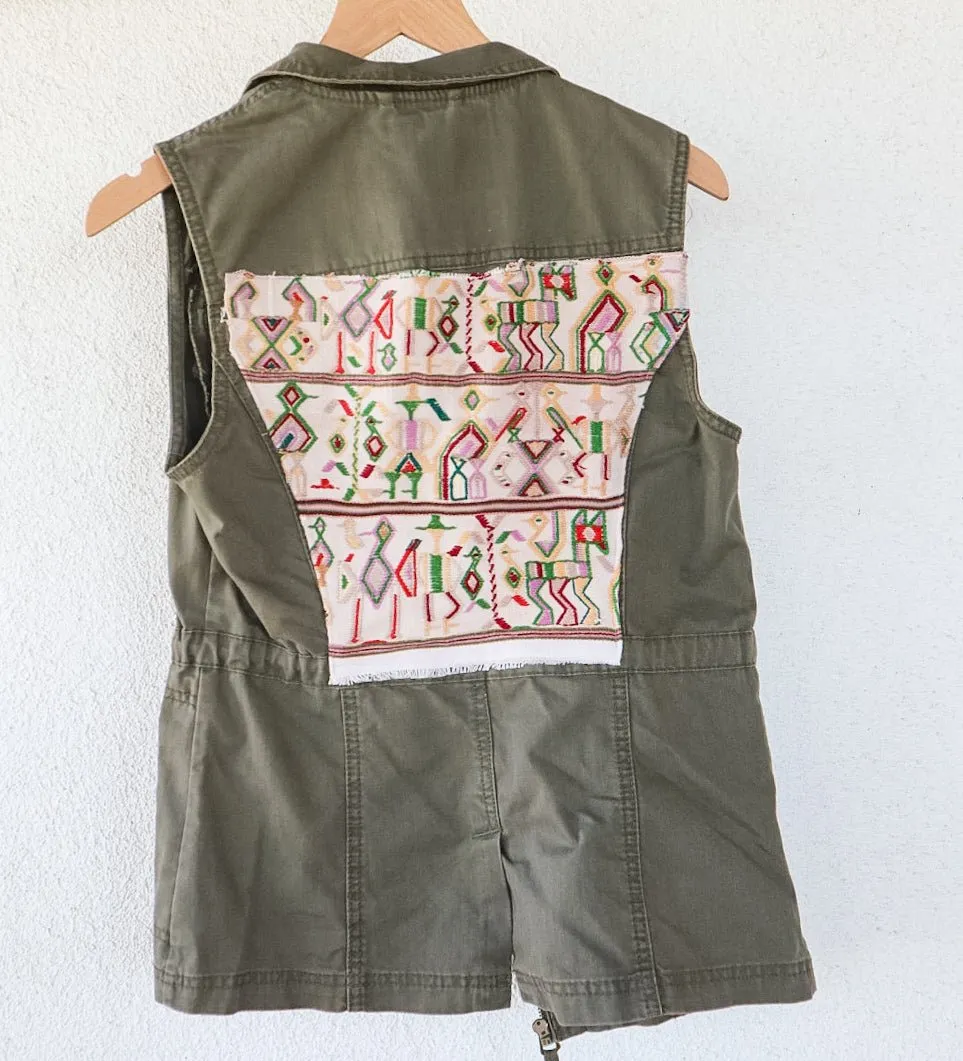 Denim Utility Vest with Vintage Huipil