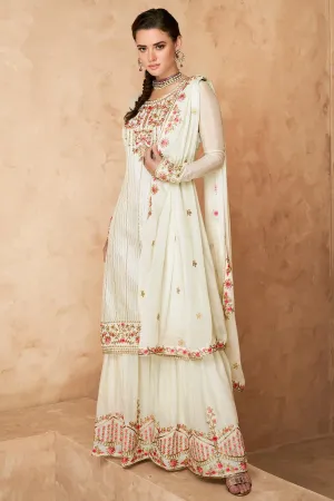 Designer Off White Georgette Embroidered Sharara Outfit