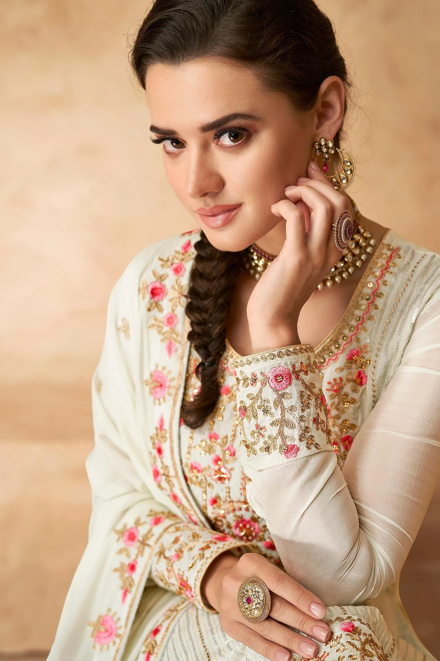 Designer Off White Georgette Embroidered Sharara Outfit