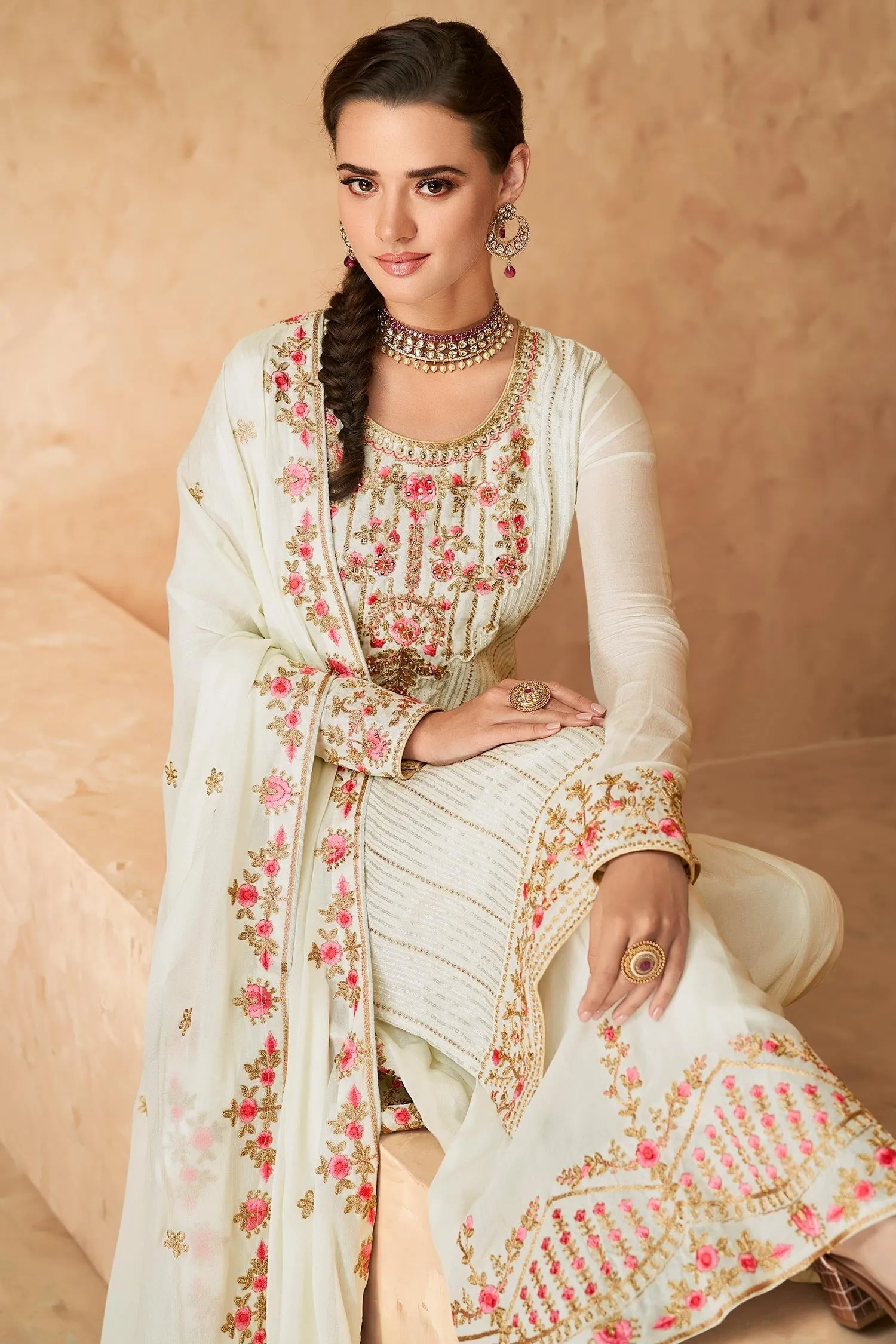 Designer Off White Georgette Embroidered Sharara Outfit