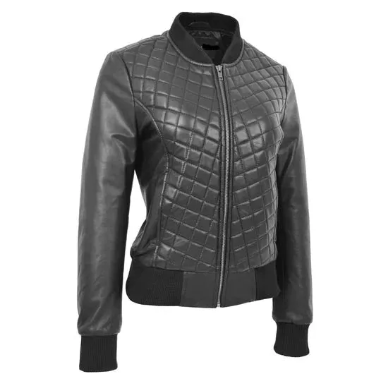 Diamond Quilted Fitted Varsity Strom Women's Leather Bomber Jacket