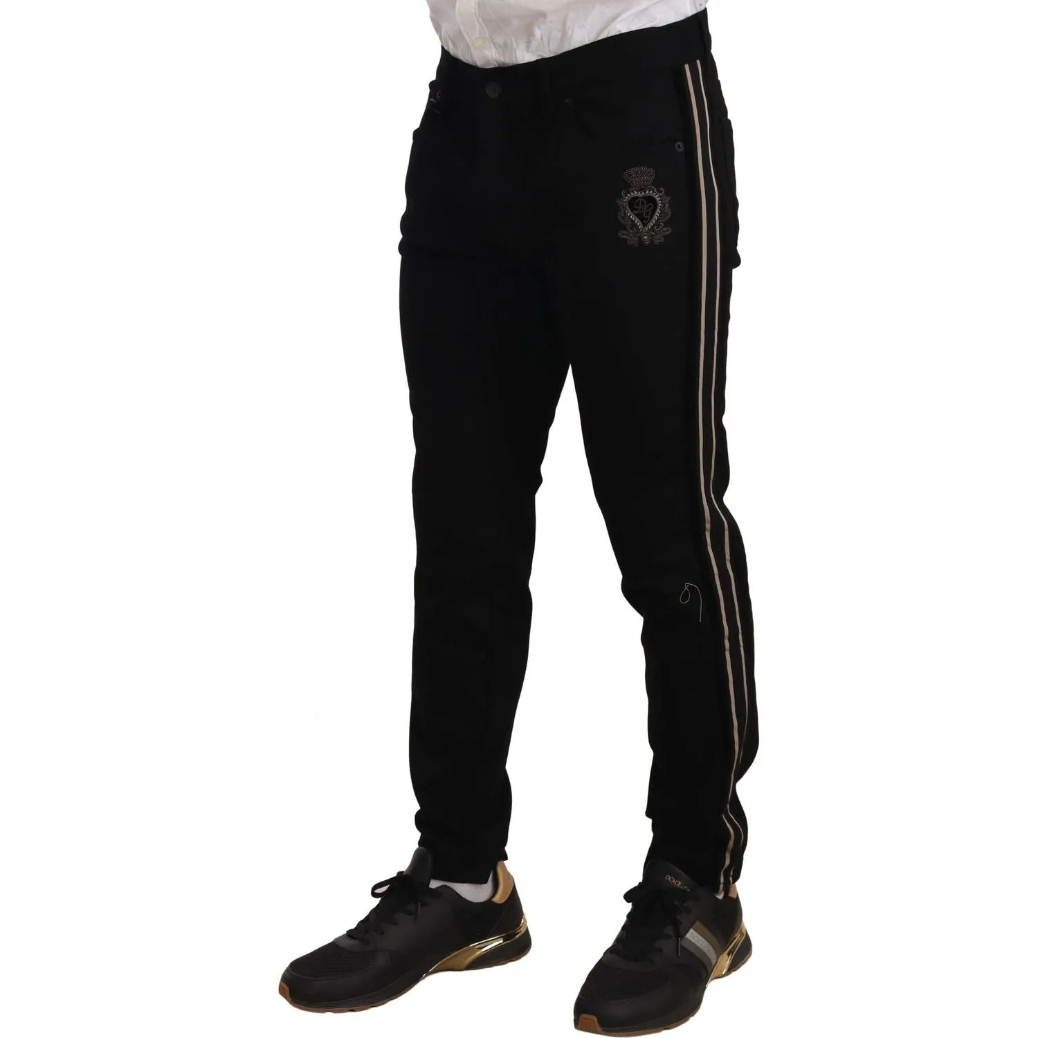 Dolce & Gabbana Heraldic Embroidered Slim Fit Black Jeans