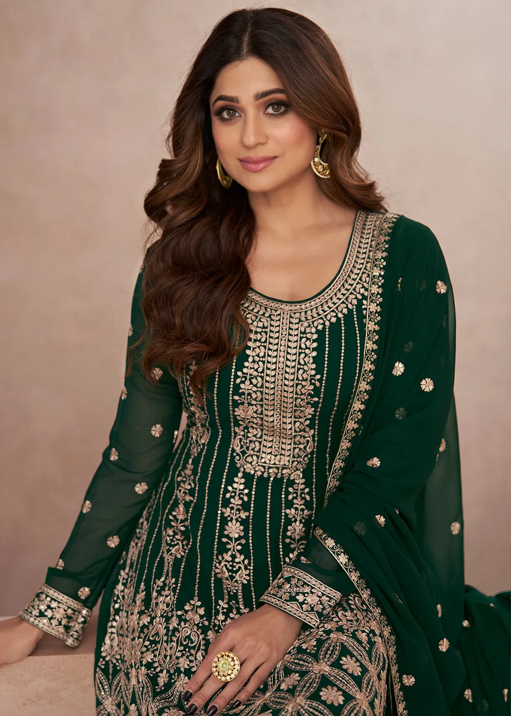 Elegant Festive Look Green Georgette Palazzo Style Suit