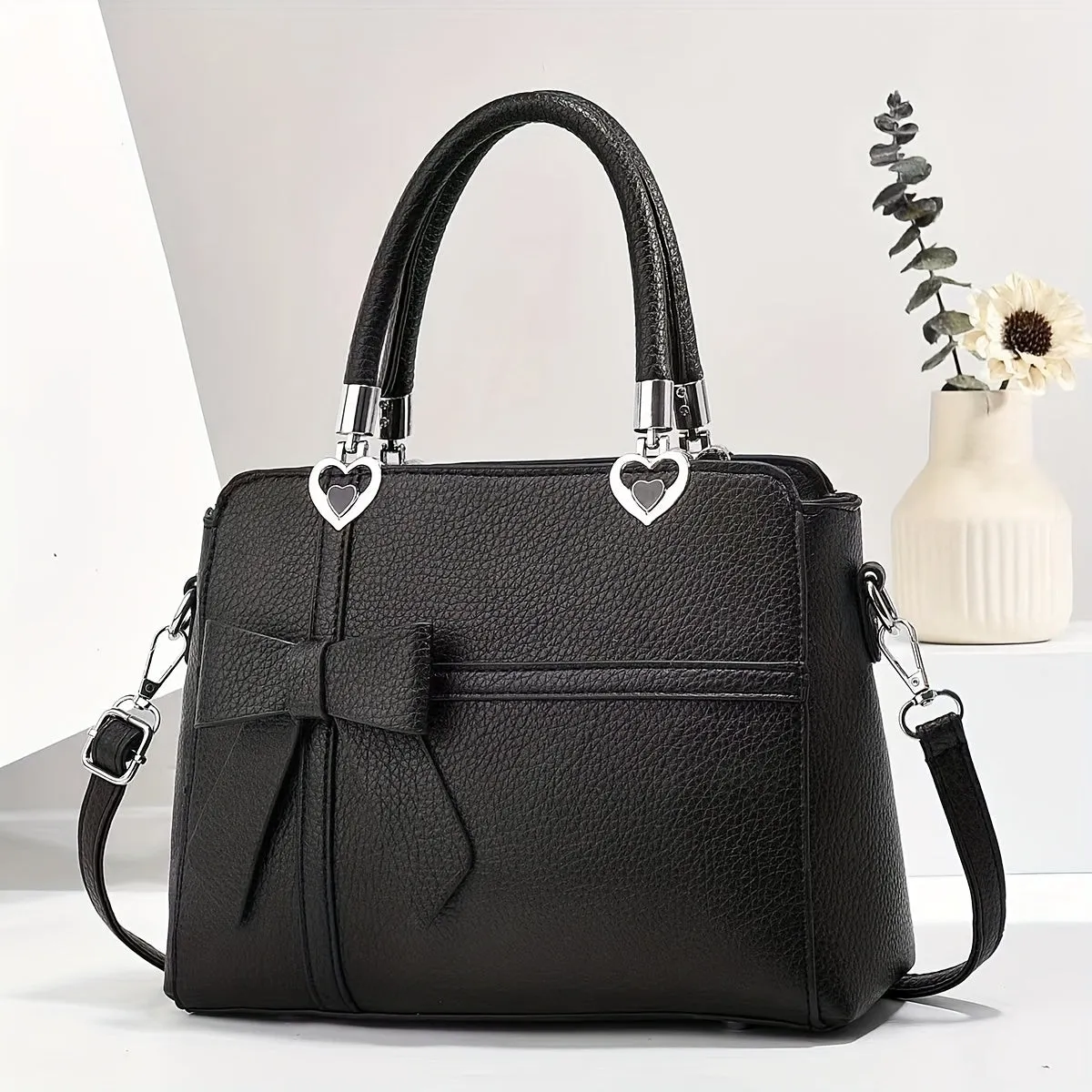 Elegant Women's Tote Bag with Bowknot Design - Chic Faux Leather Shoulder & Crossbody Handbag, Detachable Strap, Zip Closure