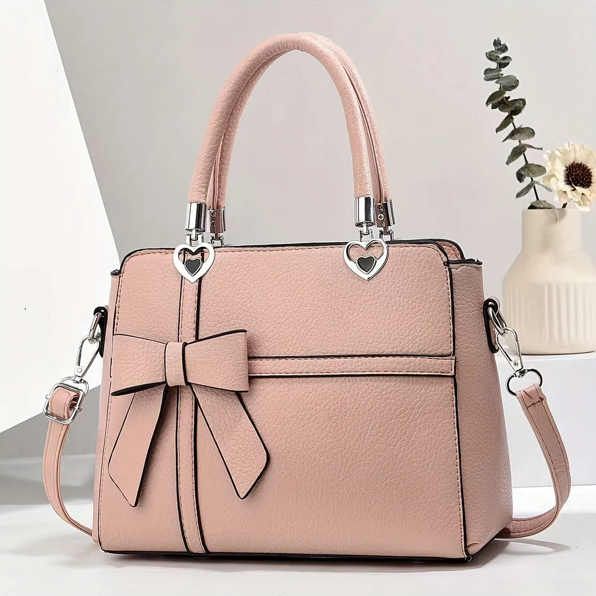 Elegant Women's Tote Bag with Bowknot Design - Chic Faux Leather Shoulder & Crossbody Handbag, Detachable Strap, Zip Closure